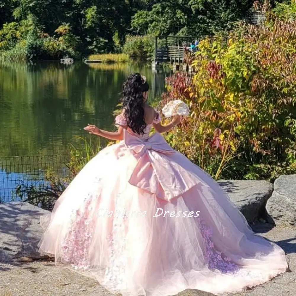 Vestido De princesa lazo De flores 3D rosa con hombros descubiertos, 15 Vestidos De vestido para quinceañeras