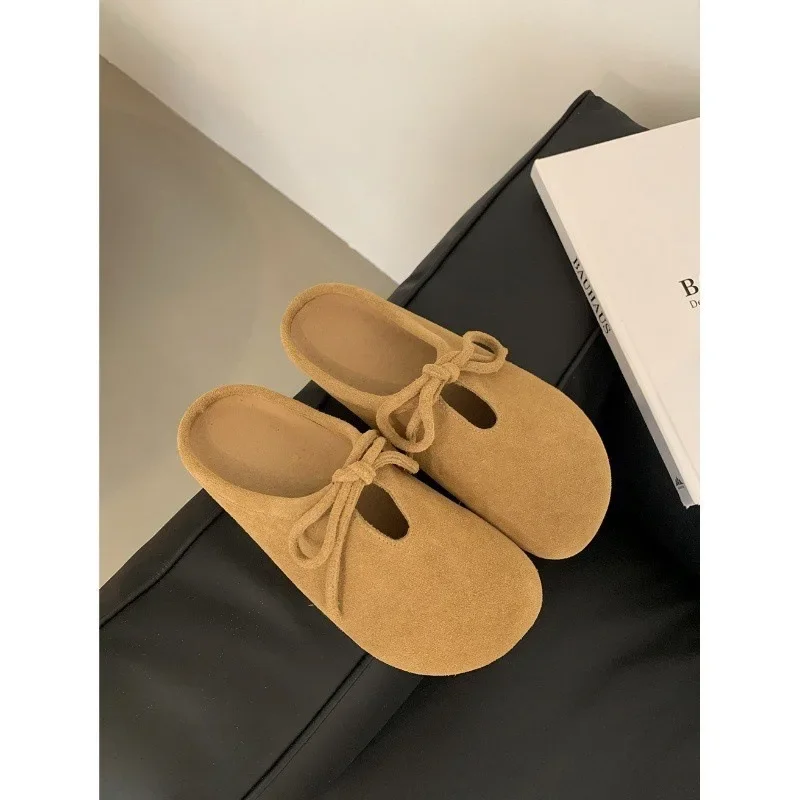 Autumn New Baotou Slippers Women Fashion Round Head Deep Mouth Butterfly Knot Inside High and Low Upper Shoes