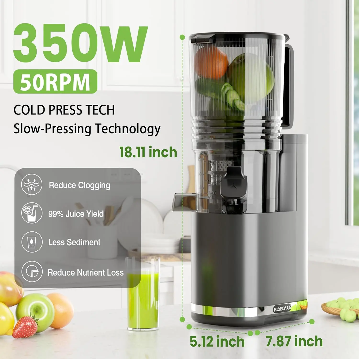 Press Juicer, 6.5" Extra Large Feed Chute Juicer Machines, 350W Slow Masticating Juicer Machines with High Juice Yield for Whole