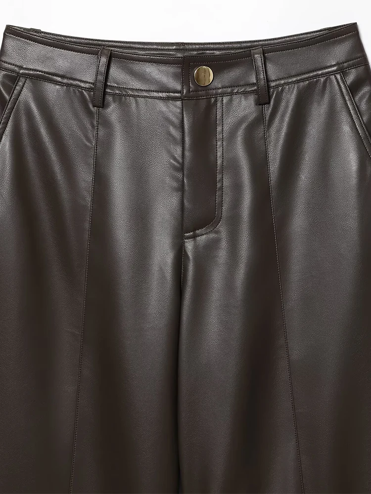 سراويل نسائية جديدة على الطراز الأوروبي عصرية ومتعددة الاستخدامات وبسيطة بلون سادة من الجلد الصناعي بأرجل مستقيمة