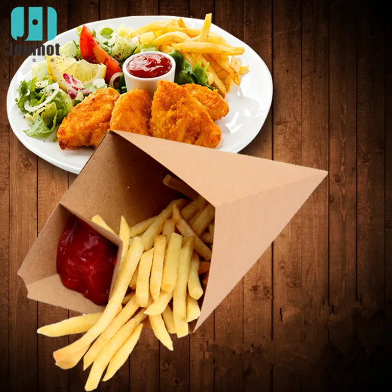 10pcs Creative Cone Shape Bag Disposable French Fries Box Waterproof And Anti-Oil Food Grade Kraft Paper Box Fried Food Package