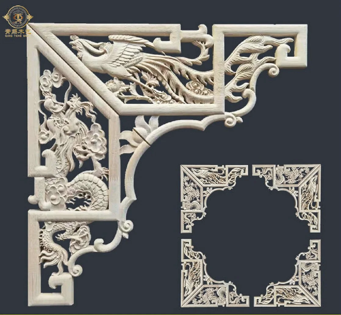 

Chinese Style Corner Flower for Decoration Dragon and Phoenix Auspicious Background Wood Flower Solid Carving ceilingcorner m