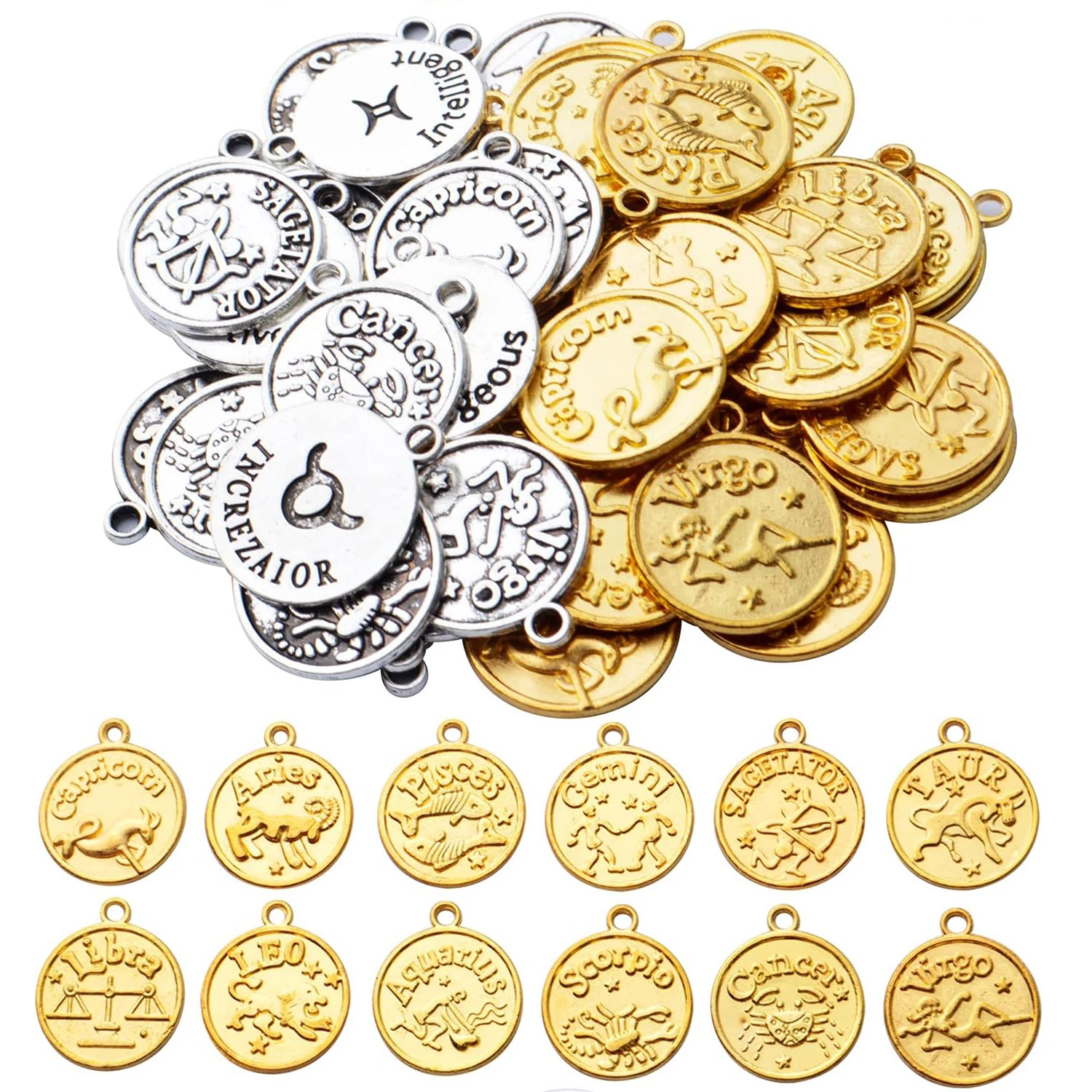 

48 шт. круглых подвесок с знаками зодиака (12 стилей созвездий, золото и античное серебро, 20,5 мм/17,4 мм) для самостоятельного изготовления серег, браслетов, ожерелий