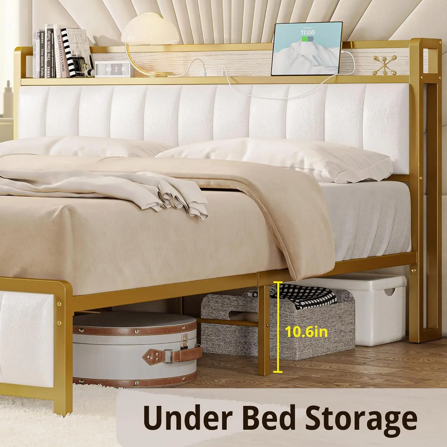 Bed Frames, Storage Headboard with Charging Station, Solid and Stable, Noise Free, No Box Spring Needed, Easy Assembly