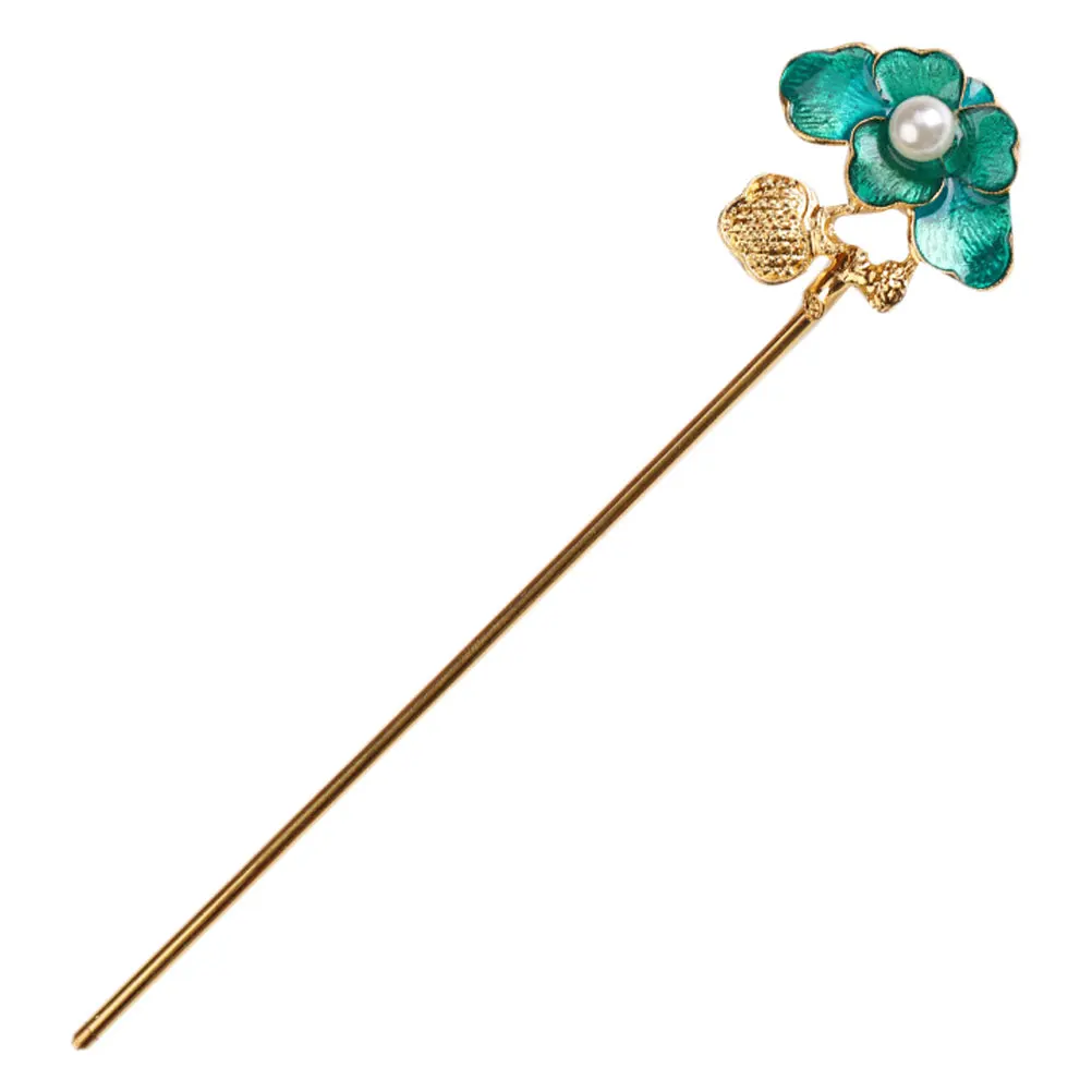 

1Pc Elegant Alloy Vintage Pearl Hairpin Blue And Golden Chinese Style Hair Decoration For Ladies Durable Hair Stick