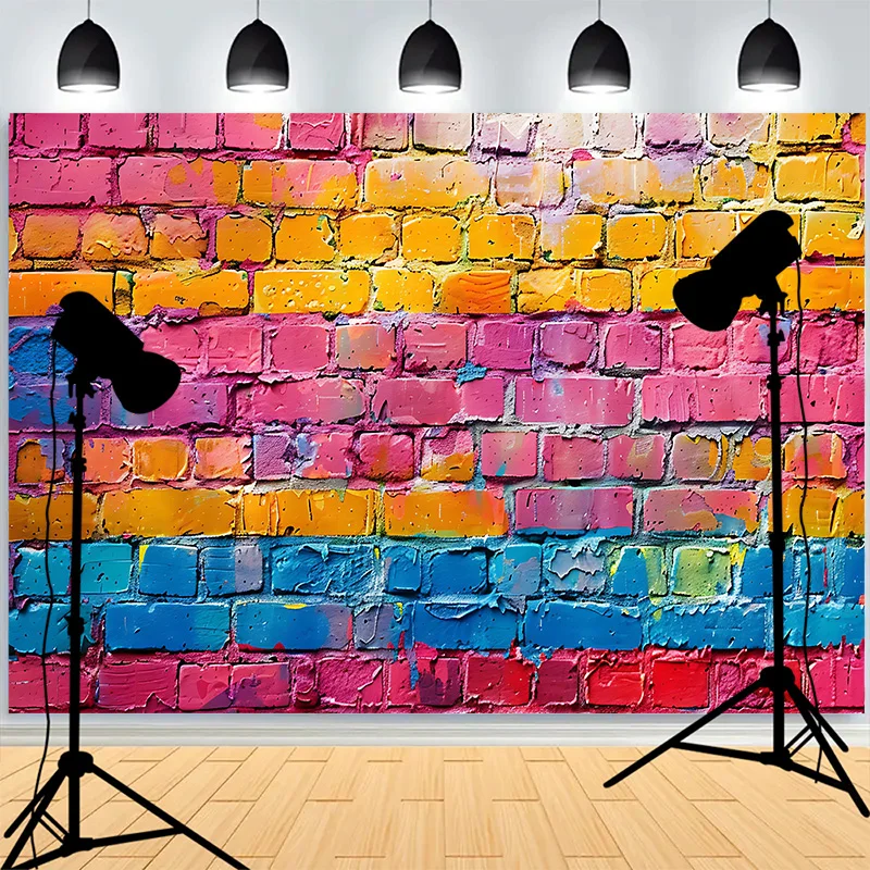 Abstract Neon Rainbow Painted Brick Wall Background Damaged Rustic Texture Vibrant Graffiti Grunge Photography Backdrops BK-03