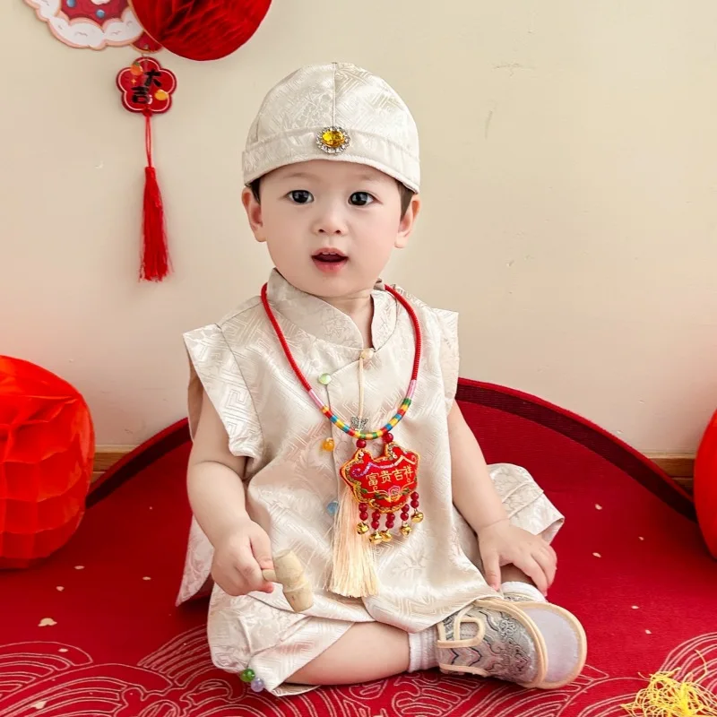 Newborn Baby Photography Clothes Children Summer Short Sleeved Tang Suit Chinese Traditional Kids Birthday Gift Hanfu Outfit