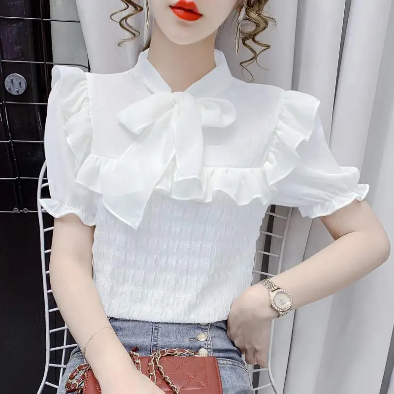 

Sweet Bow Lacing Chiffon Blouse Summer New Short Sleeve Pleated Solid Color Elegant Shirt Tops Fashion Korean Women Clothing