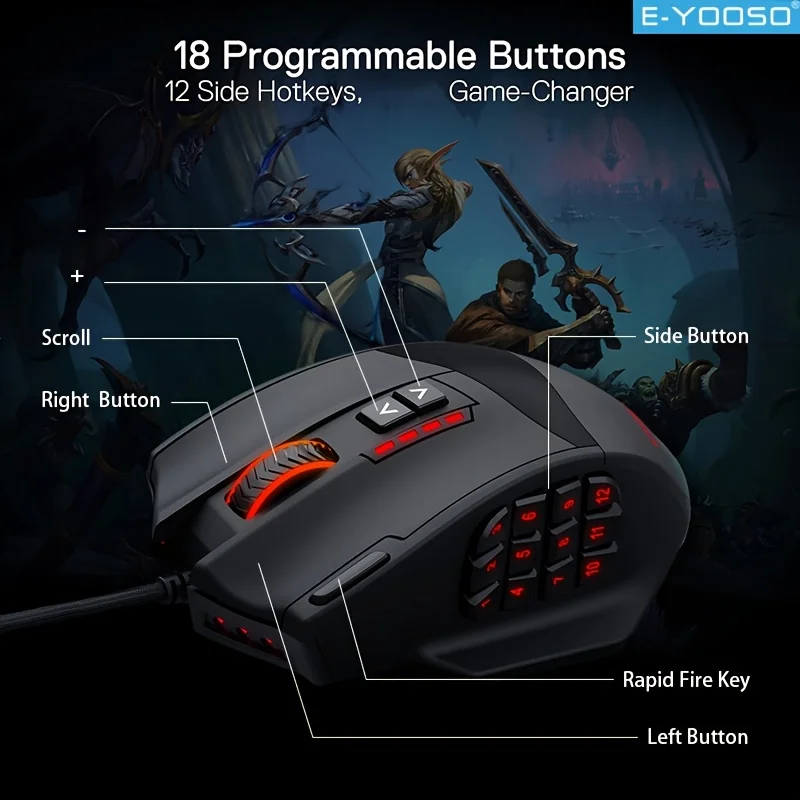 ماوس ألعاب سلكي E-YOOSO RGB شكل مريح 16400 ديسيبل متوحد الخواص قابل للتعديل يدعم تحرير ماكرو للكمبيوتر المكتبي/الكمبيوتر المحمول والمكتب
