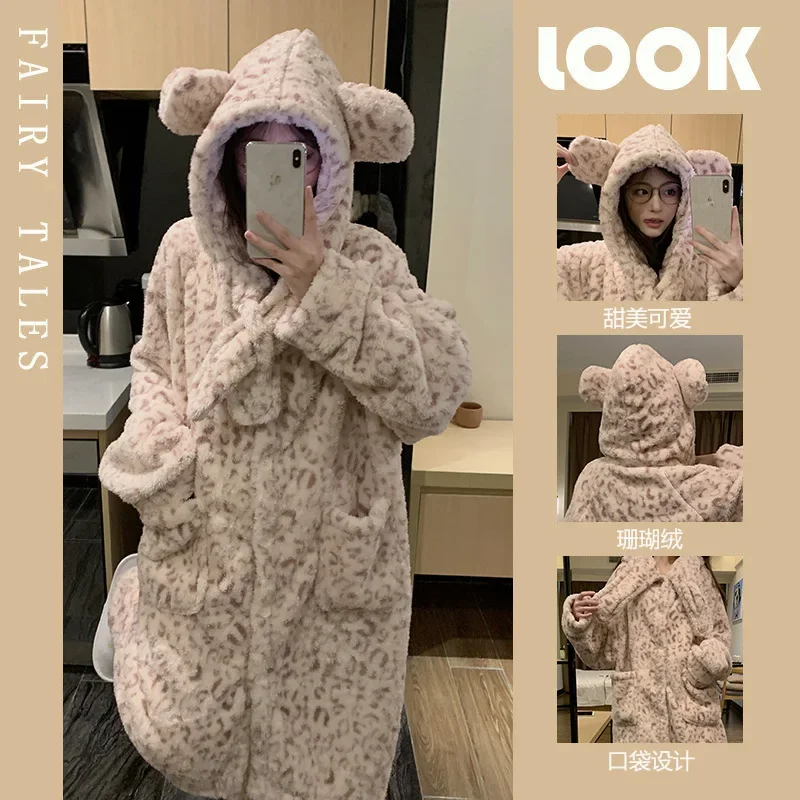 Plus Size Leopard Winter Hooded Robe Pajamas Set Women Plush Soft Home Suit Coral Pjs Long Sleeve Thick Warm Flannel Loungewear