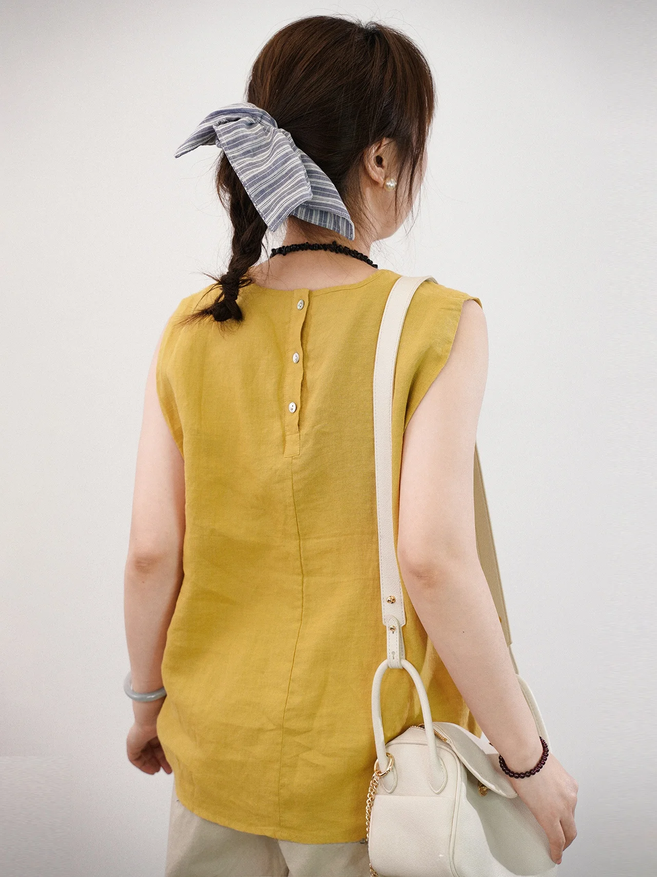 

Waed 00% Linen Loose Svel Top Korean Sle Button Detail Breathable Thin Summer round Ne Casual Women's irt