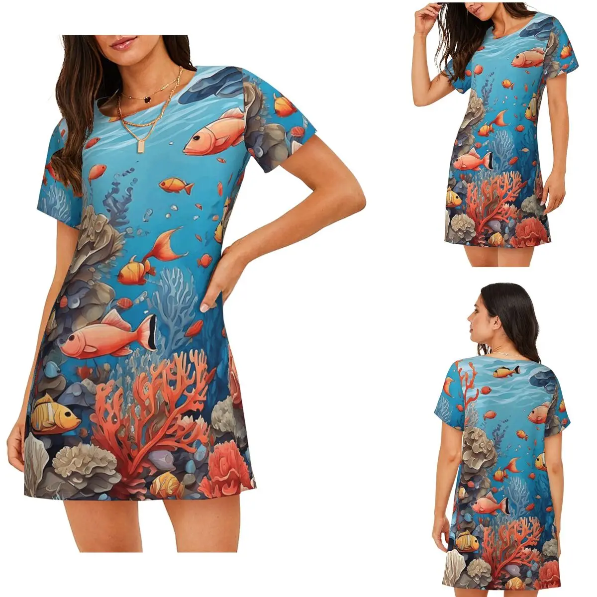 Custom Coral Reef And Fishes Seamless Pattern Short Sleeves Nightdress For Sleeping Women Short Sleeve Nightgowns Pajama Dress