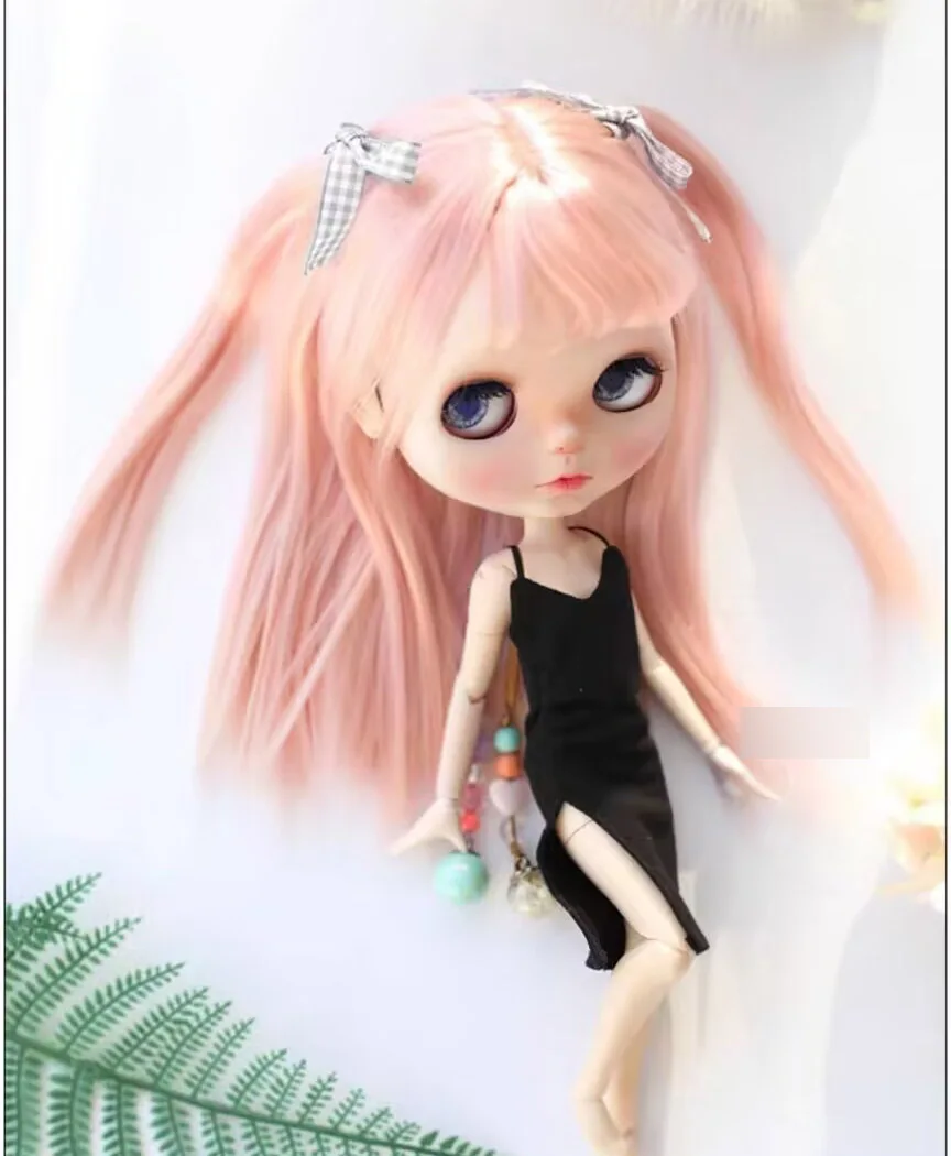 2025 Kawaii-Mädchen-Stil BJD Blythe Bogen Pferdeschwanz Hochtemperaturfaser-Perücke Passend für 9-10 Zoll Kopfumfang Qbaby
