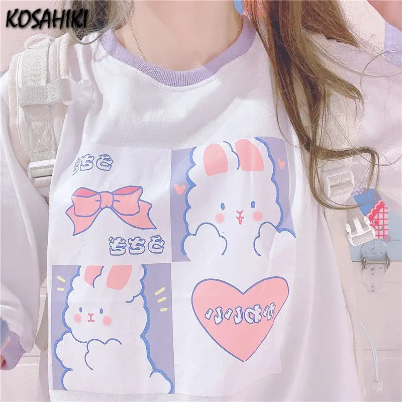 KOSAHIKI Kawaii Tshirt Women Fashion 2024 Cute Cartoon Print ops  Loose  Shirt Casual All Match Summer Graphic  Shirts