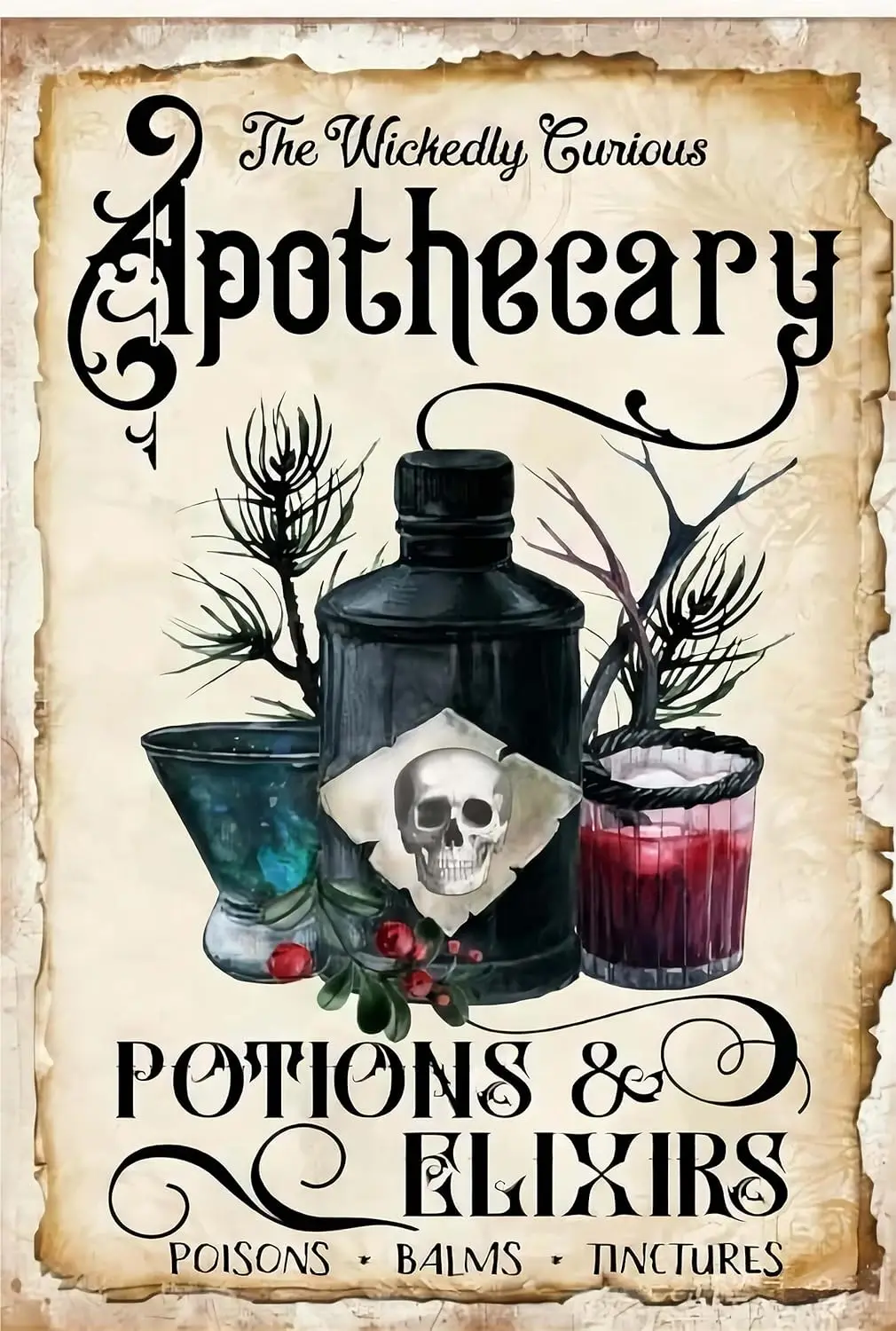 Halloween Apothecary Sign, Potions & Elixirs Spells Sign, Vintage Gothic Witchy Vibes Halloween Metal Logo Shabby Chic Tin  sign