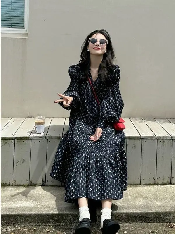 حجم كبير 300 Pou المرأة الأزهار طويلة Dr الكورية Sle فضفاض Svel Dr عالية الخصر ألف خط تنورة مريحة للتنفس...