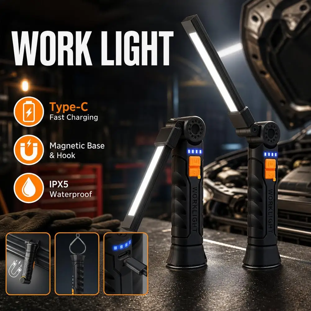 Rechargeable LED Work Light Portable Magnetic Inspection Lamp With Foldable Hook And COB Floodlight For Auto Repair Camping