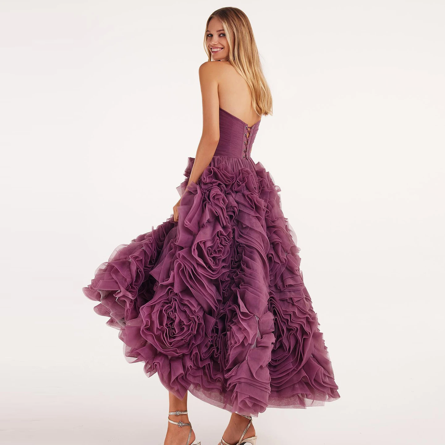 Sharon Said Luxuriöses 3D-Rosenblumen-Abendkleid in Lila für Hochzeitsfeier, Trägerloses Midi-Gala-Kleid in Rosa, Formelles Kleid SF451, Maßanfertigung – Detail 7