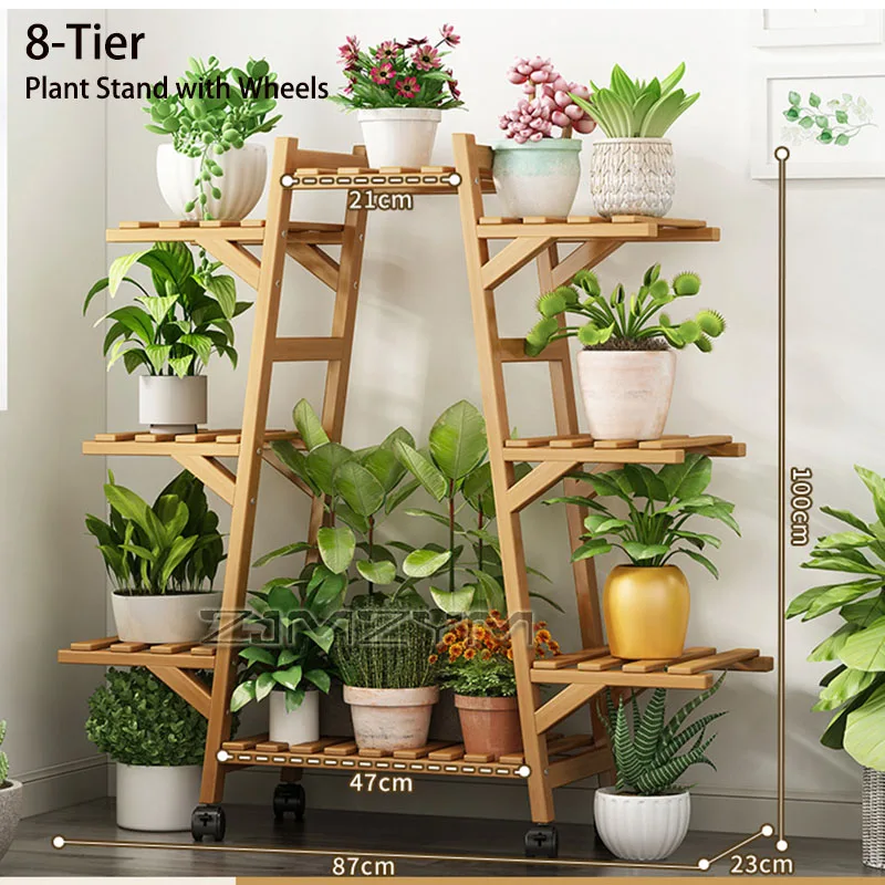 Multi Tier Rolling Bamboo Plant Stand Thickened Flower Pot Shelf Indoor Outdoor Plant Display Stand forLiving Room Balcony Patio view 5