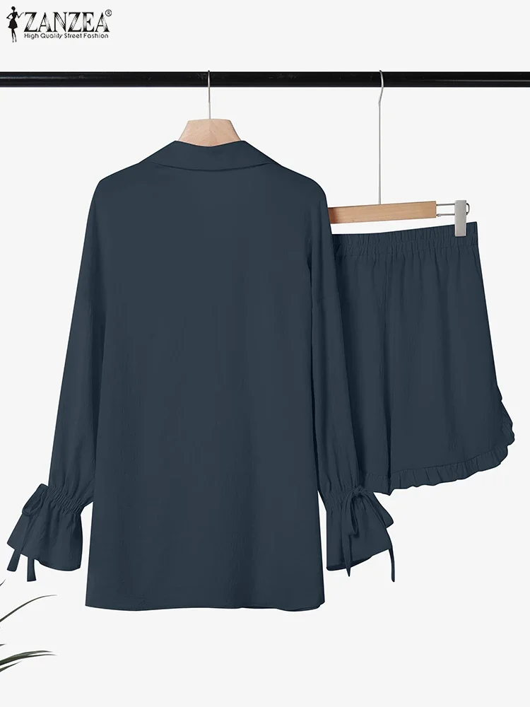 ZANZEA 2025 Fashion Autumn Women Suits Short Sets Casual Ruffled Long Sleeve Shirts Loose Shorts Outfits Elegant Work Sets 2PCS