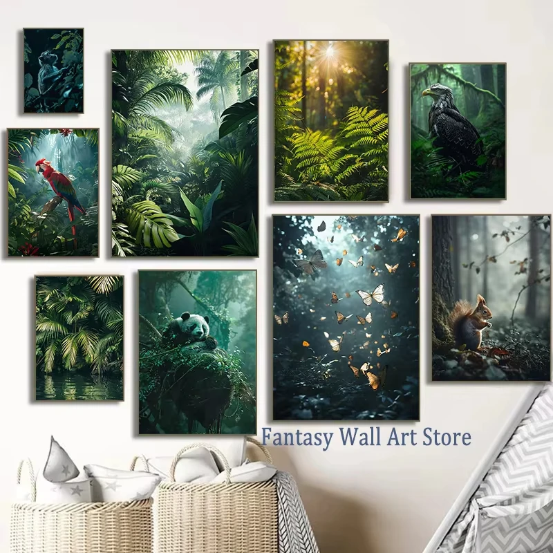 Paisaje Natural, bosque lluvioso, vista de bosque, decoración de pared, impresión artística de animales salvajes naturales, pintura en lienzo de paisaje marino de la selva tropical para la habitación del hogar