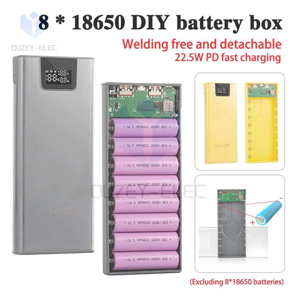 8x18650 22.5W Obudowa na baterię Szybkie ładowanie Bezlutowany Odłączalny mobilny zestaw zasilania Power Bank Shells Przenośne zewnętrzne pudełka