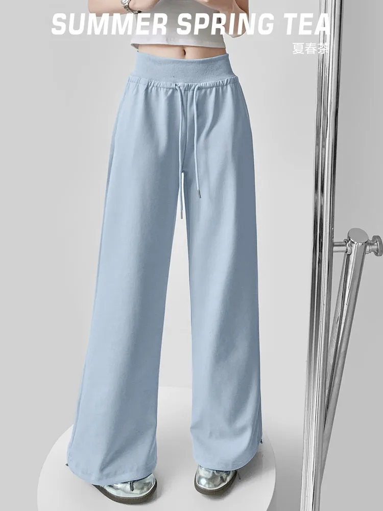 Luźne spodnie damskie z wysokim stanem i szerokimi nogawkami, letnie, codzienne, do ziemi, drapowane, w stylu lazy, streetwear, mieszanka bawełny.