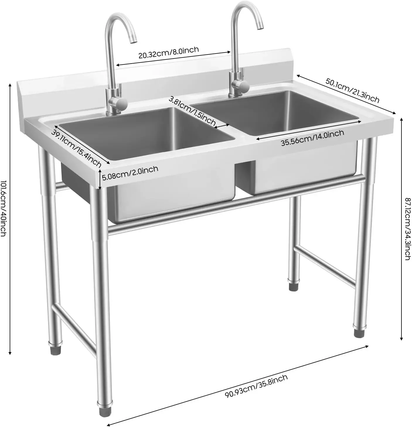 Stainless Steel Sink 2 Compartment Free Standing Utility Sink, Double Bowl Kitchen Sinks with 2 Rotary Faucets, Commercial Prep
