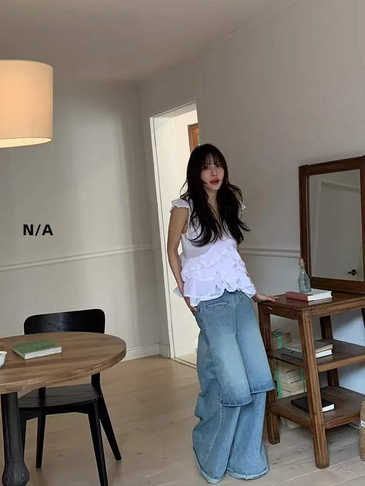 Csa de encaje sin mangas con dobladillo con volantes Bertha para mujer, versátil, estilo coreano, para ir al trabajo, mate...