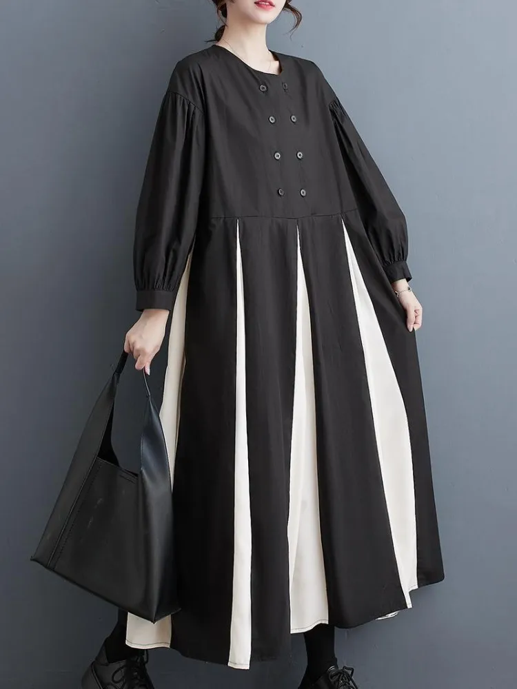 Oversized Autumn Pleated Long Sleeve Dress Women Korean Fashion 2024 Patchwork Ladies Dresses Casual Loose Midi Woman Dress