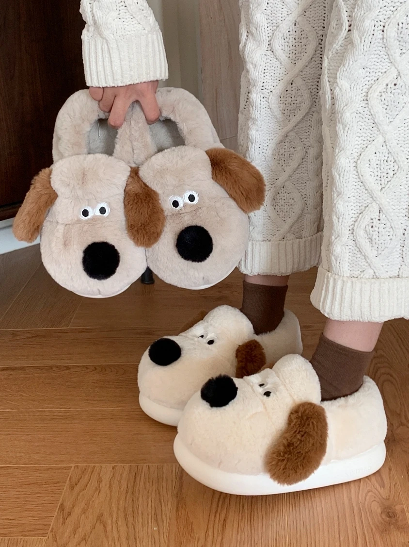 Cute Puppy Home Slippers For Couple Cotton Slippers For Men And Women Cute Winter Leader Dog Plush Warm Bag And Home Shoes