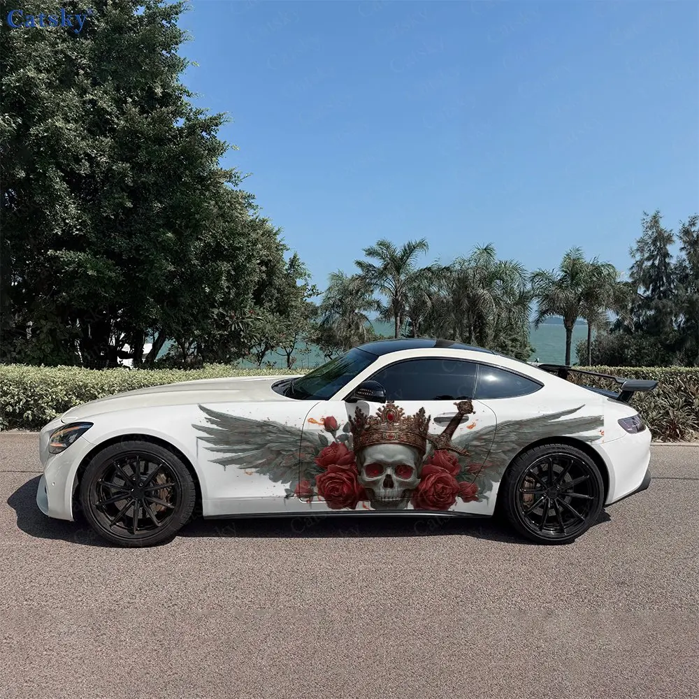 2pcs Crowned Skull Winged Swords Car Side Wraps, Self-Adhesive PVC Waterproof & Scratch-Resistant Stickers, Car Accessory Gift