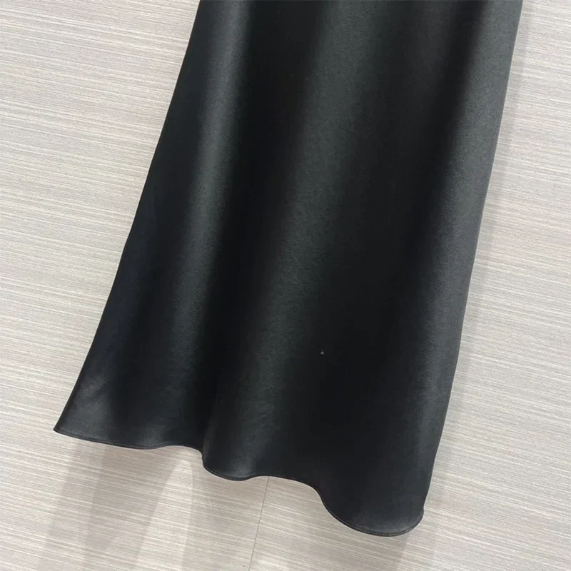 TOT* 2024SS New High Waist Loose Straight Simple Silk Halter Long Women's Dress Black A-line Skirt Y2k Skirts Women Clothing