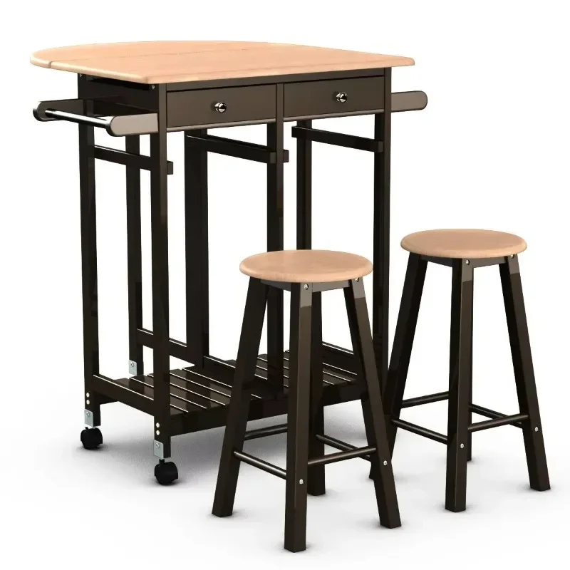 Mobile Kitchen Island Cart Breakfast Table with Stools, Wooden bar dining table set with 2 stools