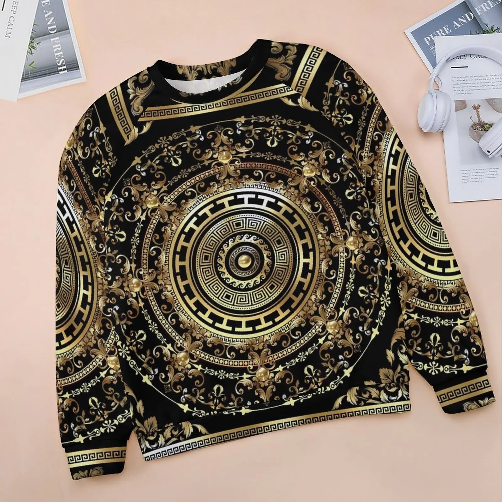 Baroque Print Hoodies Female Long-Sleeve Black And Gold Y2k Casual Hoodie Hot Sale Classic Oversized Design Sweatshirts