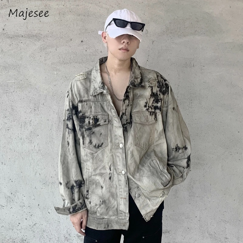 

Denim Jackets Men Casual Baggy Fashion High Street Tie Dye Spring Autumn Teenagers Hole Pocket American Style Vintage Handsome