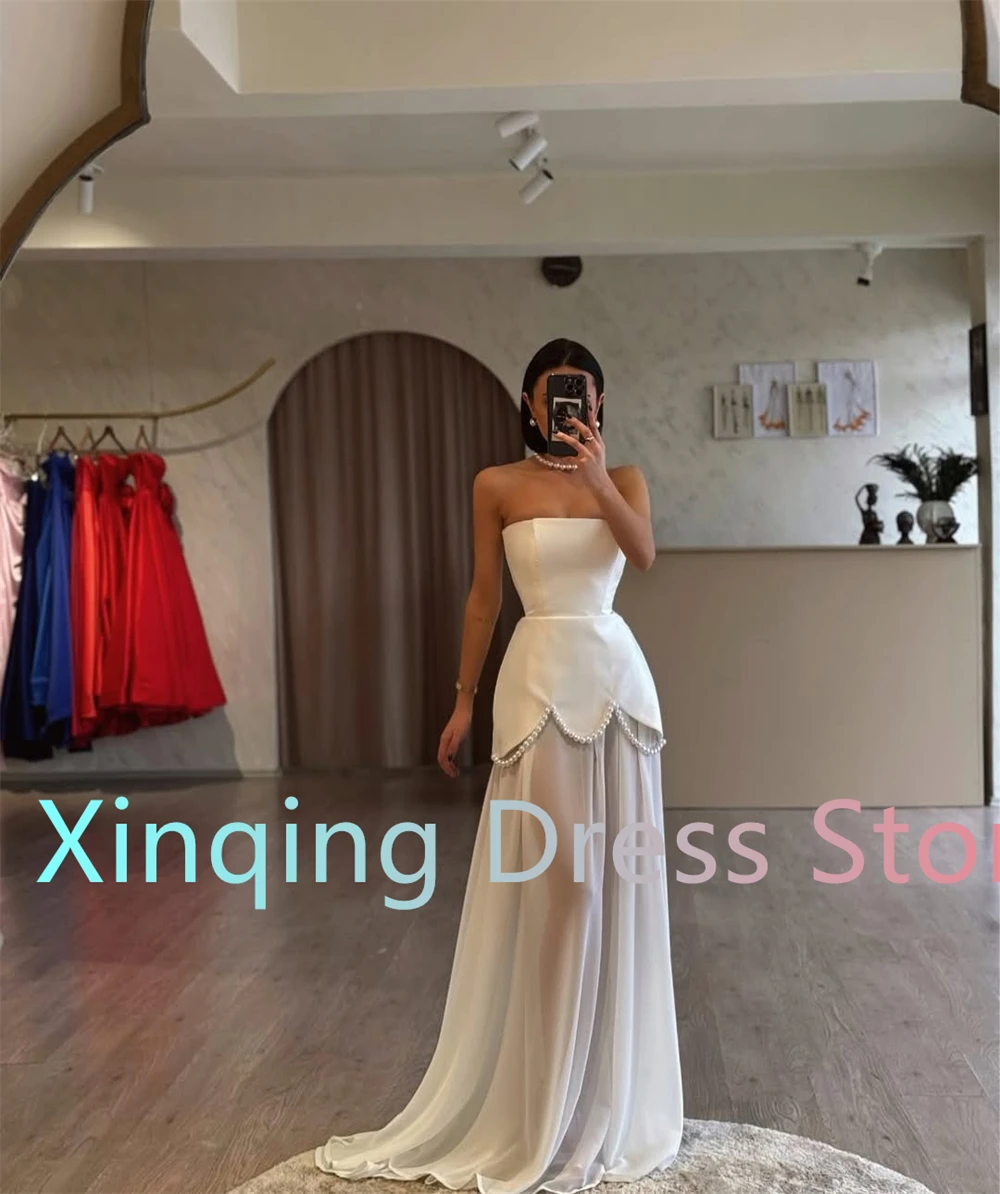 Customized  Graceful White Tulle Evening Dress Fashion Strapless Sleeveless Party Dress High Quality Chapel Train Prom image 4