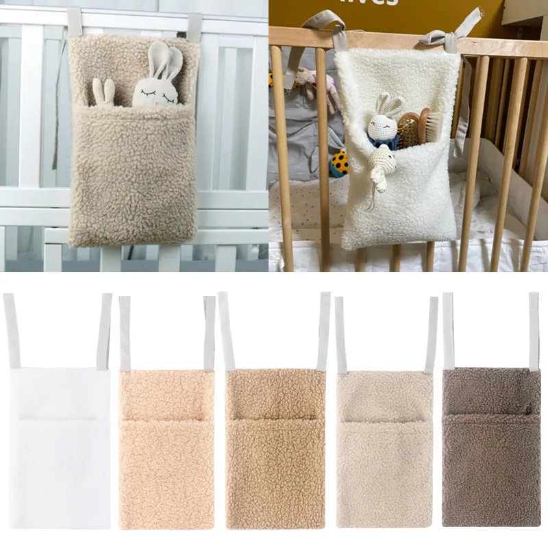 New Solid Color Plush Thicken Baby Diaper Bag Newborn Crib Hanging Diaper Storage Bag Bed Headboard Toys Storage Bag Nappy Pouch