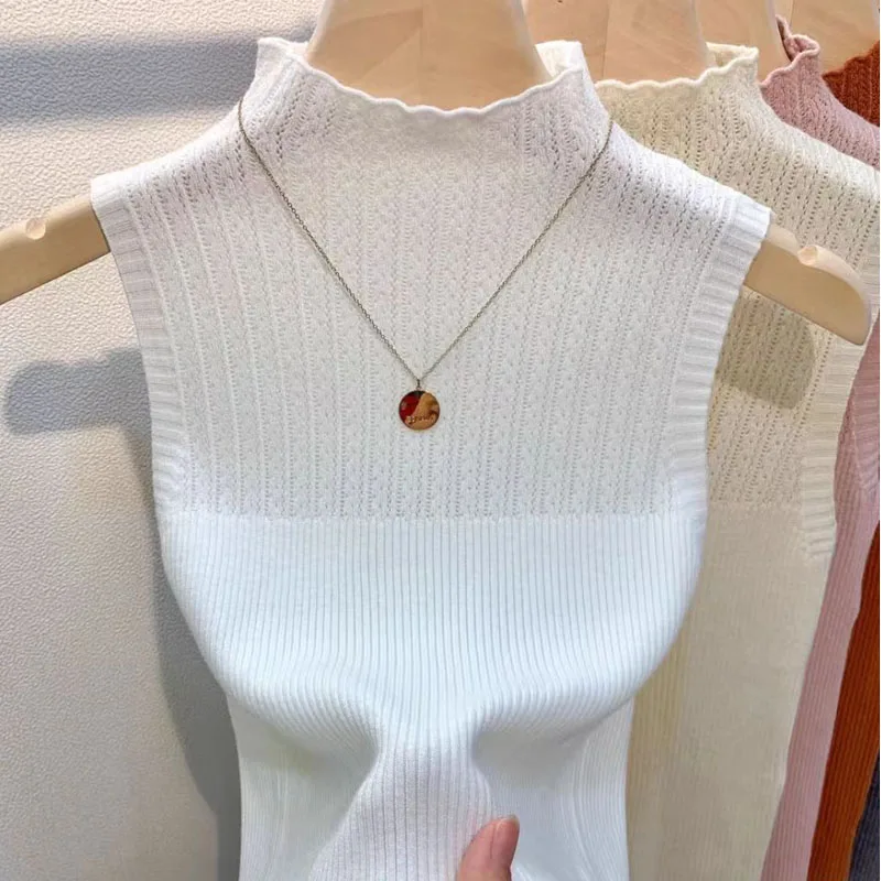 

Новый вязаный свитер без рукавов для женщин, облегающий пуловер с воротником-стойкой, вязаный свитер-пуловер, женские топы, Sueter Feminino Q3533