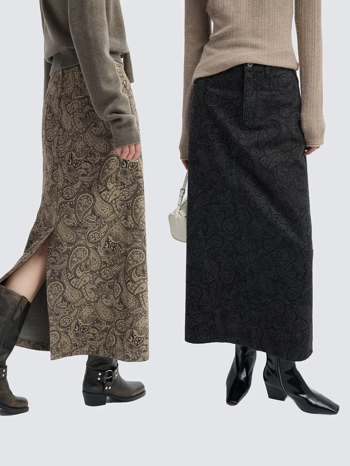 

JUSLIN Long Straight Cut Denim Skirt with Paisley Totem Print 3D Partition Design Casual Sle Winter Faion Women's Set