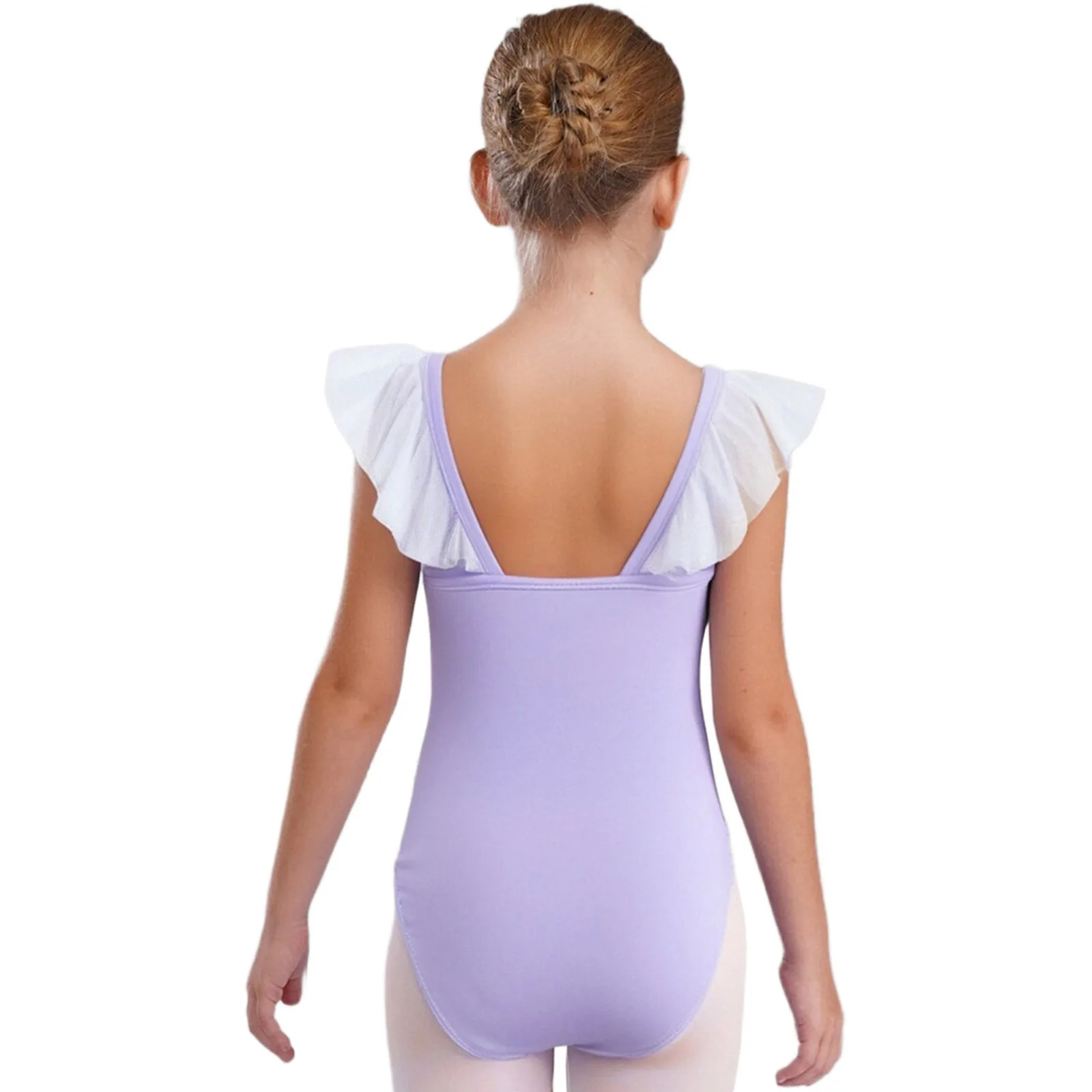 Kids Girls Mesh Ruffle Sleeveless Backless Bodysuit Leotard Set Artistic Ballet Gymnastics Dance Practice Stage Performance Wear