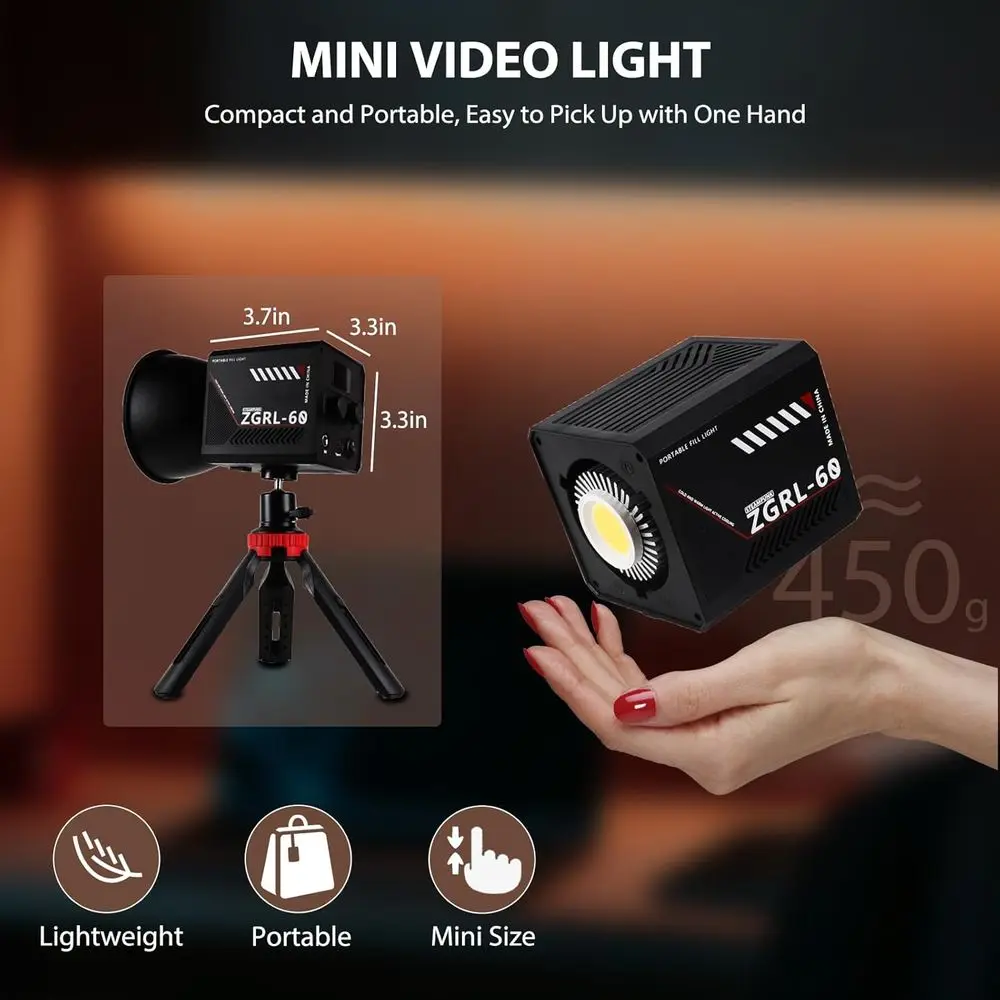 60W COB LED Video Light Handheld Portable with 8000 mAh Battery Dual-Color Photography Lighting Spotlight or Studio, Streaming,