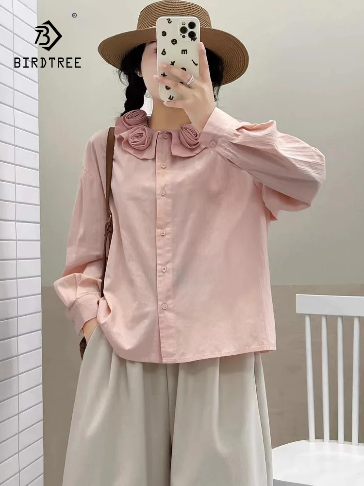 

New 2025 Autumn Cotton Long Sleeve Shirt, Women Turn-down Collar 3D Floral, Mori Girl French Retro Sweet Loose Blouse T56988CC