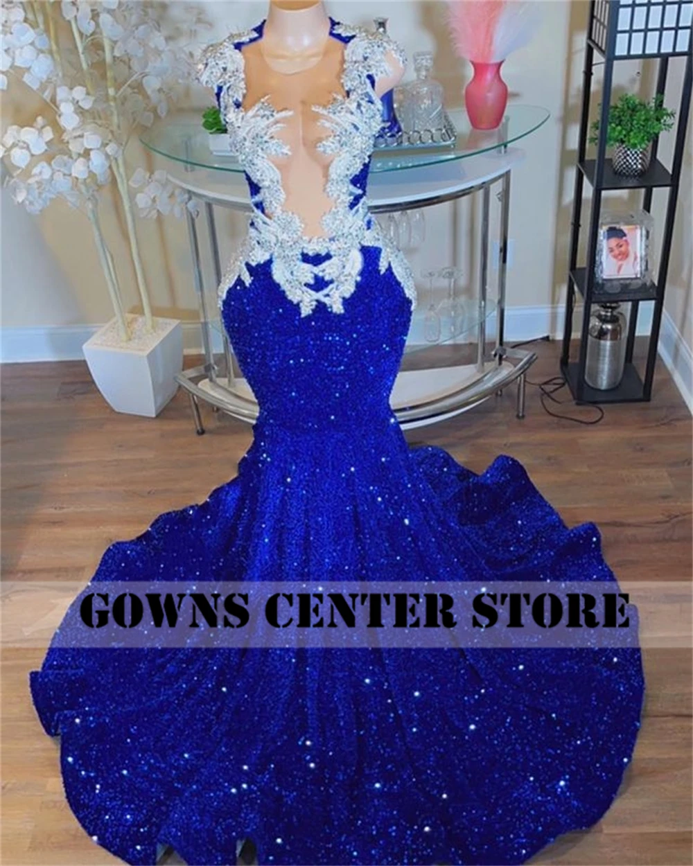 Robe de bal élégante à paillettes bleu Royal pour filles noires, robe de Cocktail sirène avec des appliques de perles argentées, robe d'occasion formelle personnalisée