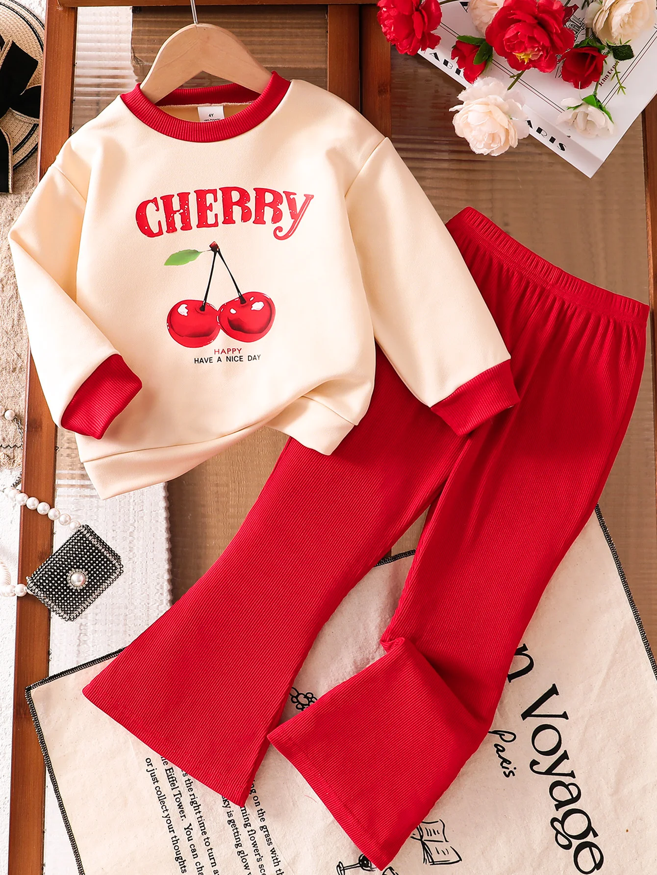 4-8Y Little Girls Color Block Crewneck Cherry Graphic Sweatshirt & Elastic Waist Ribbed Flare Pants 2Pcs Set