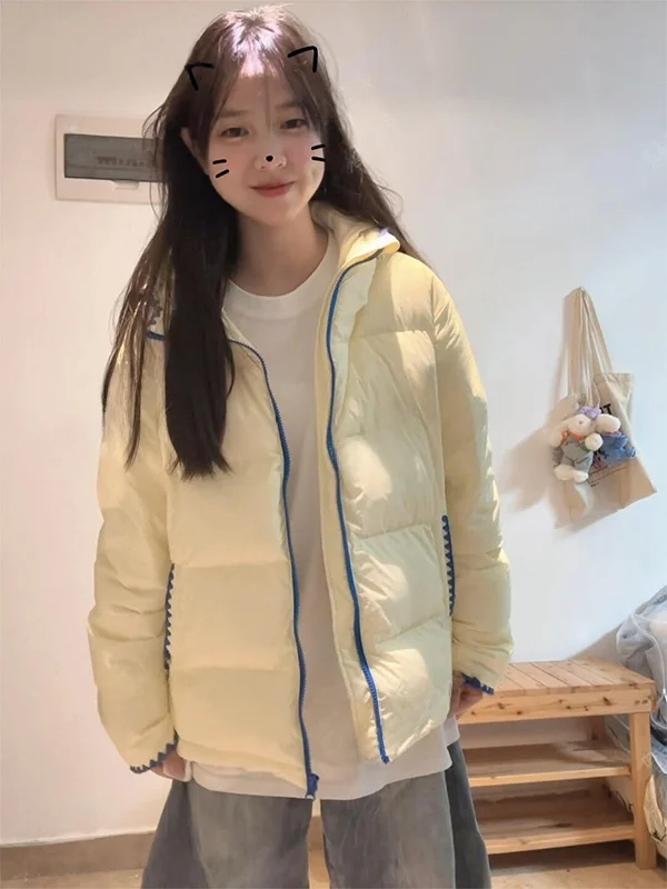 

Корейская стильная милая школьная форма: желтая хлопковая куртка с капюшоном, теплая зимняя, для женщин-студенток, свободного кроя, модная, из хлопка.