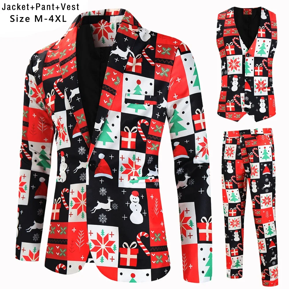 4XL New Red Santa Claus Printed 3 Piece Suits for Men Christmas Party Stage Funny Mens Blazer Sets （ Blazers + Vest + Trousers ）