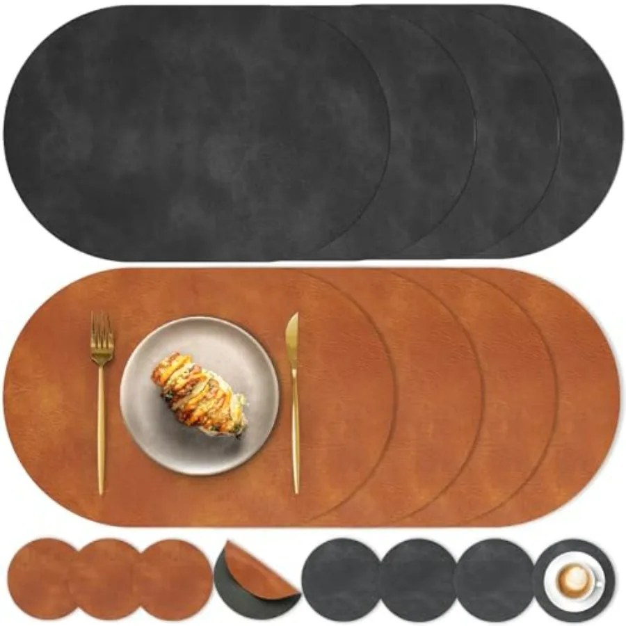 

Washable Reversible Oval Faux Leather Placemats and Coasters 12 X 17 Inch Cowhide Pattern Waterproof Non-Slip Kitchen Dining Ta