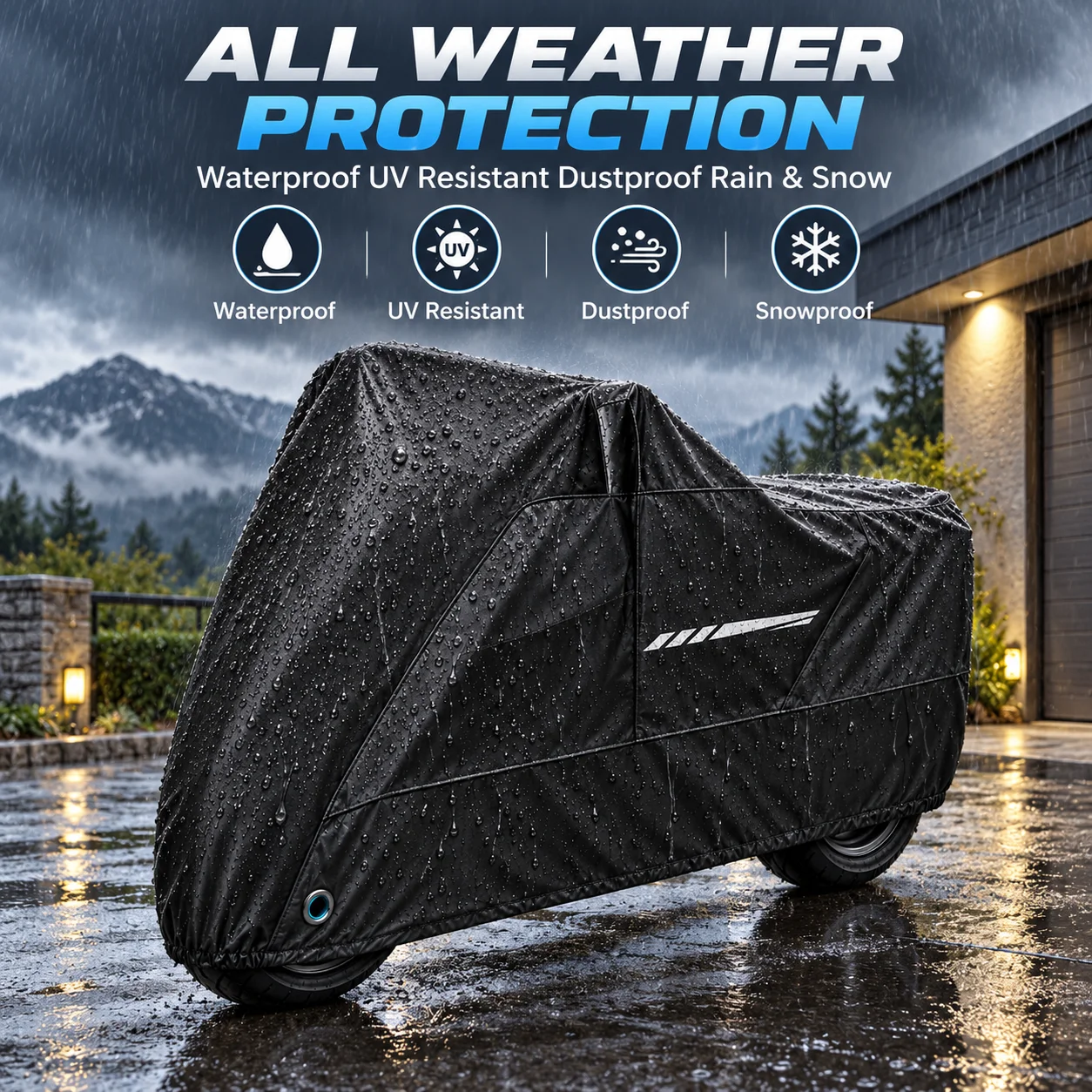 Motorcycle Cover Waterproof All Season Dustproof UV Resistant Rain Protector with Lock Hole for Outdoor Scooter Motorbike Use