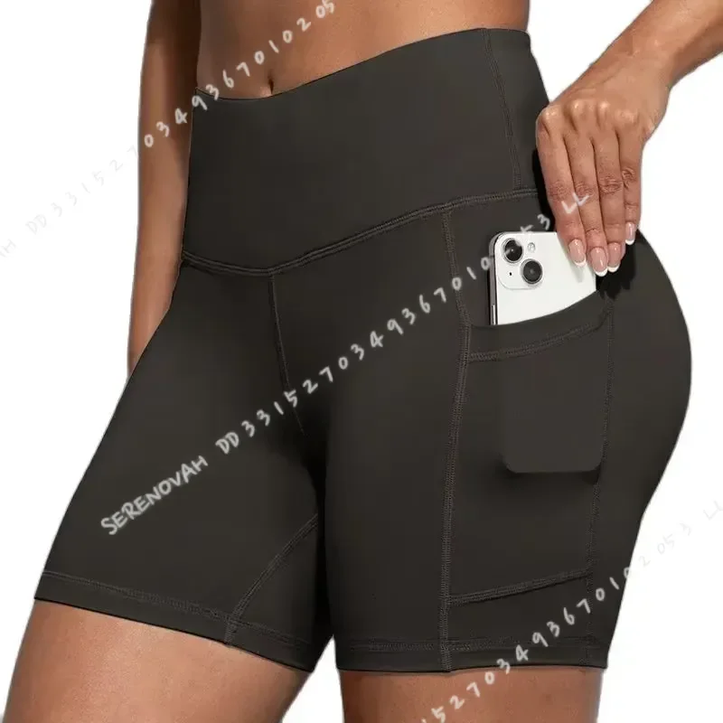 Women High Waist Yoga Shorts with Pockets Butt Lifting Cycling Tights Elastic Slim Running Fitness Sportswear